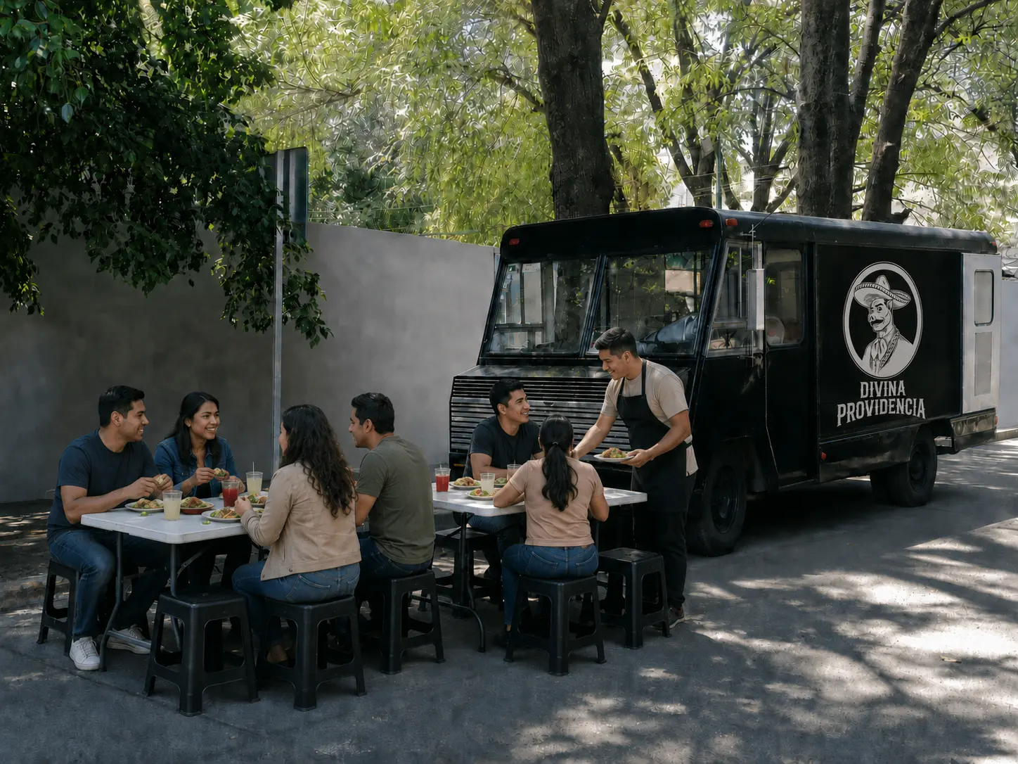 Clientes disfrutando carnitas frente al camión de Divina Providencia